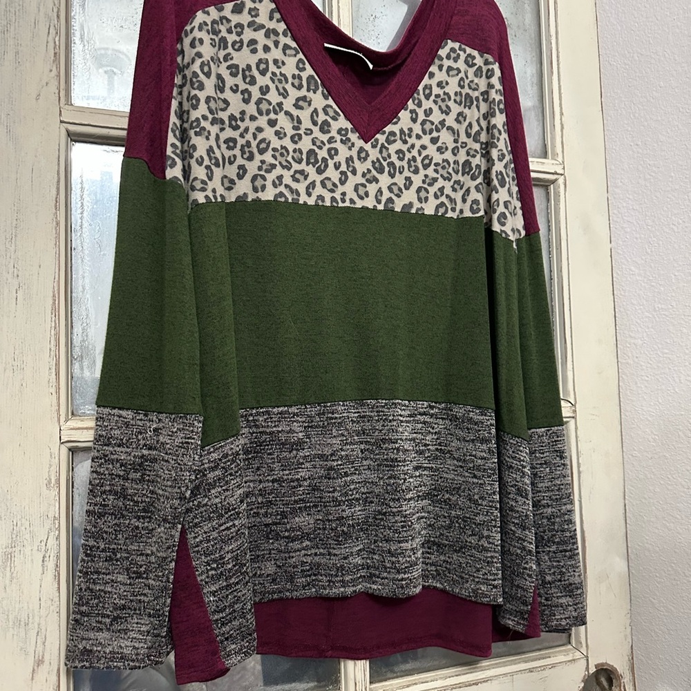 Red and Green V-Neck Colorblock Sweater
